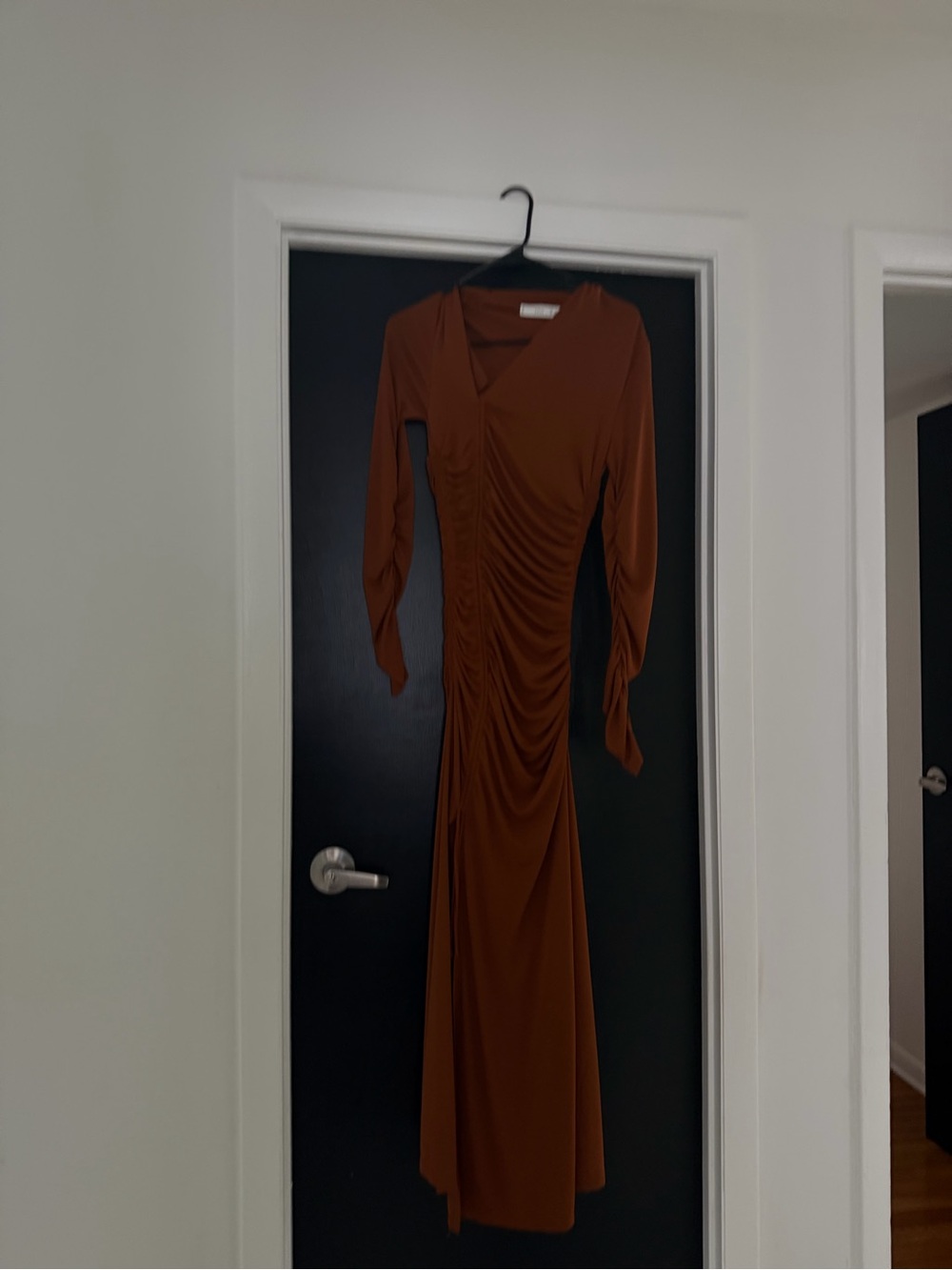 Mango Brown Long Sleeve Ruched Maxi Dress in Rust